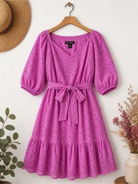 Eloquii Plus Size Pink Eyelet Dress Size 14|Feminine tie waist mini|Cottagecore